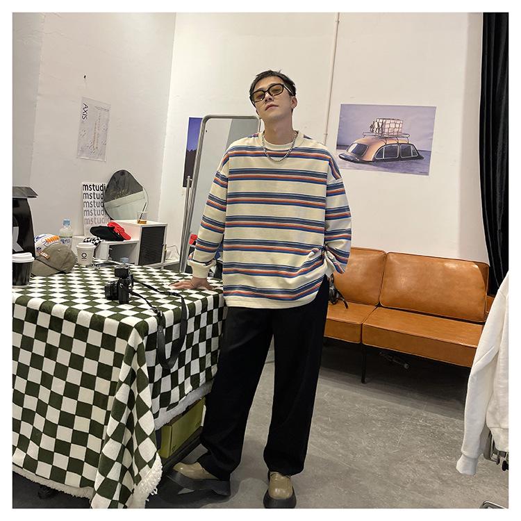 Men's Trendy Color Block Striped Pullover - Casual Loose Fit Round Neck Sweatshirt for Spring & Autumn.