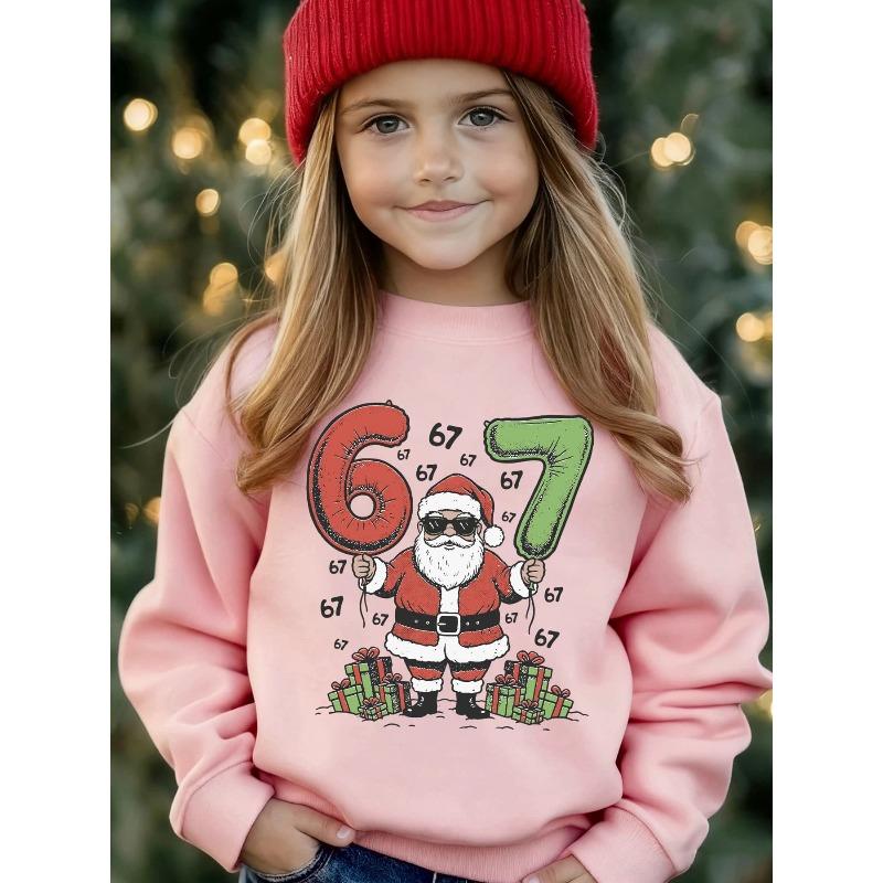 Unisex Kids Black Crewneck Sweatshirt For 4-12 Boys Girls Cool Santa Sunglasses Number 67 Balloon Gift Box Christmas Print Soft Long Sleeve Pullover