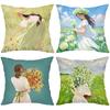 Four Pillow Covers With Girl And Flower Pattern Polyester Pillowcase, Sofa Decorative Cushion Cov Headboard Pillow