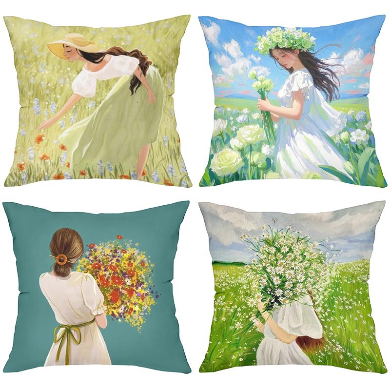 Four Pillow Covers With Girl And Flower Pattern Polyester Pillowcase, Sofa Decorative Cushion Cov Headboard Pillow