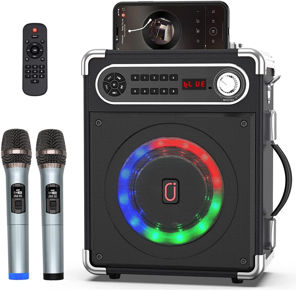 JYX Speaker Set with Loudspeaker, 2 Wireless Microphones, Bluetooth 5.0 Compatible, Enhanced Bass and Treble, Rechargeable, Portable, Ideal for Home