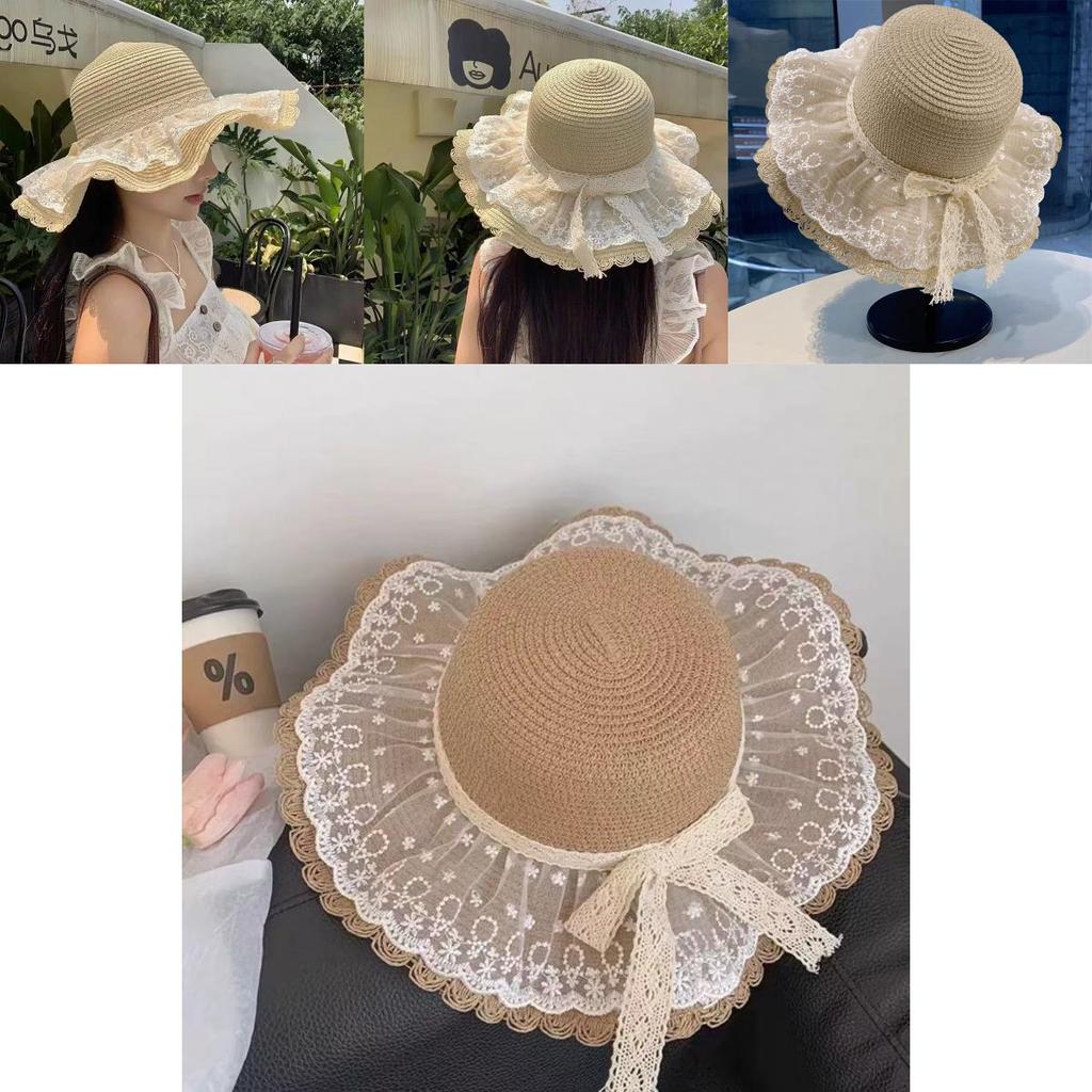 Summer Large Brim Straw Hat With Lace Details For Women Sunblock Breathable Outdoor Accessory