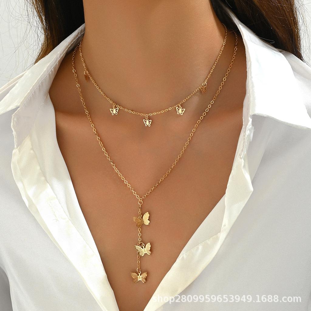On the New Ins Style, Personalized Double-layer Butterfly Necklace Pendant Stacked Necklace Versatile Temperament Jewelry