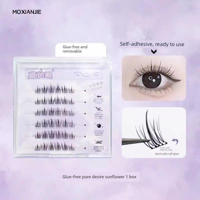 Eyelashes Glue-Free False Eyelashes Natural Style for Women, Simulated Lazy Sunflower Three-Part Series, Cartoon Style for Puffy Eyes, Travel Pack Glue-Free Six-Row Pure Desire Sunflower