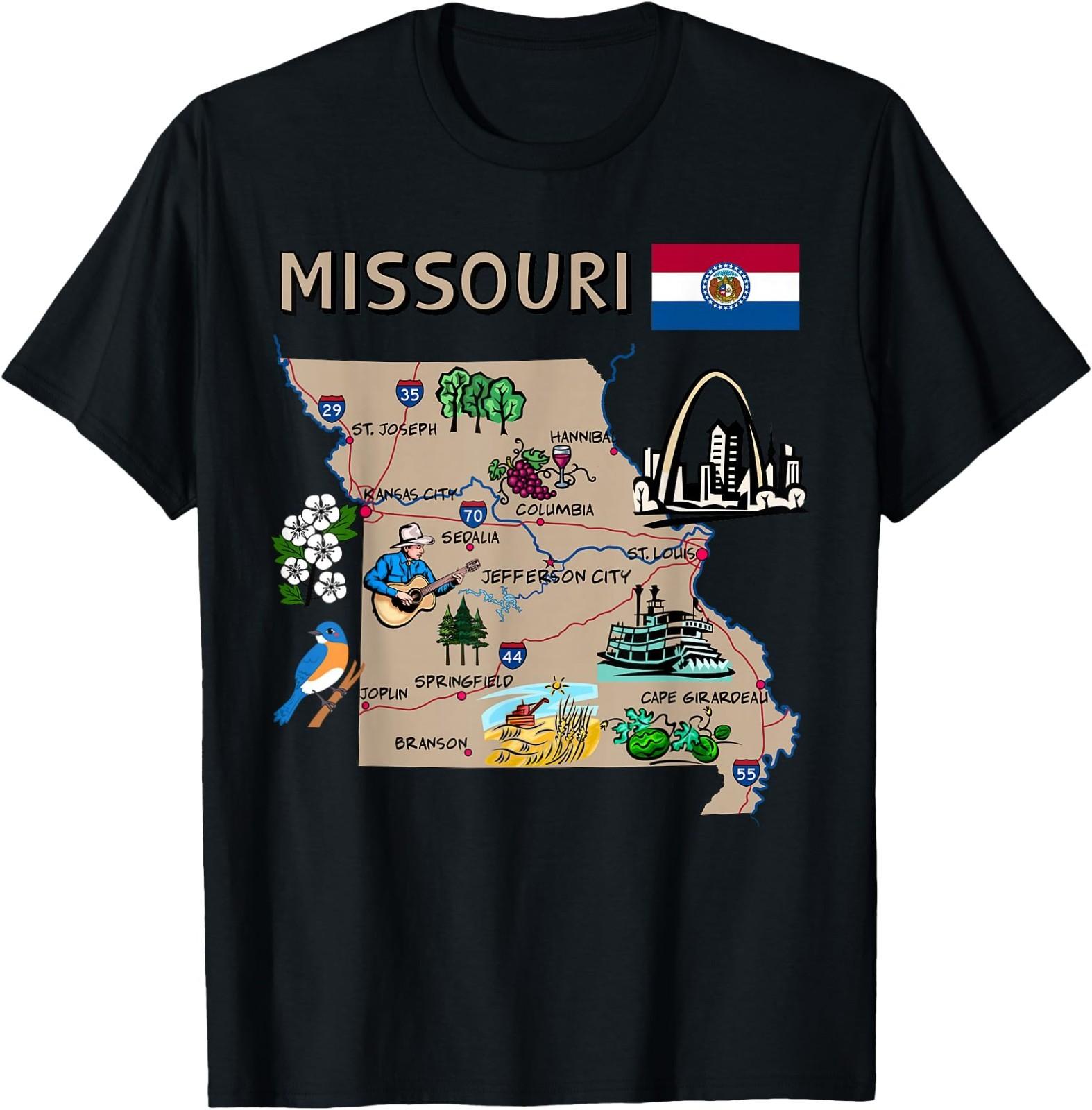 Map of Missouri Landmarks, Major Cities, Roads, Flag T-Shirt M