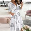 Fashion Women's Casual Lapel Printed Seven-Part Sleeve Dress Long Dress