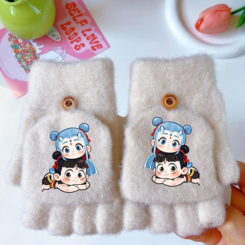Nezha Ao Bing Winter Cartoon Fingerless Gloves: Thick, Windproof, Warm Knit for Girls