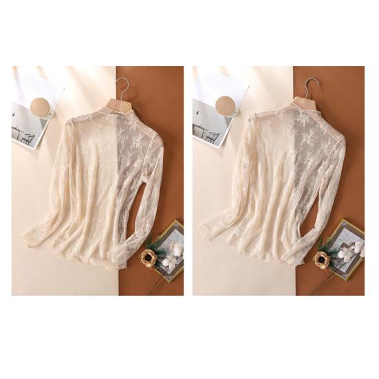 Women Lace Shirt Half High Collar Long Sleeve See-through Embroidery Lace Flower Pattern Tops Sexy Bottom Tops