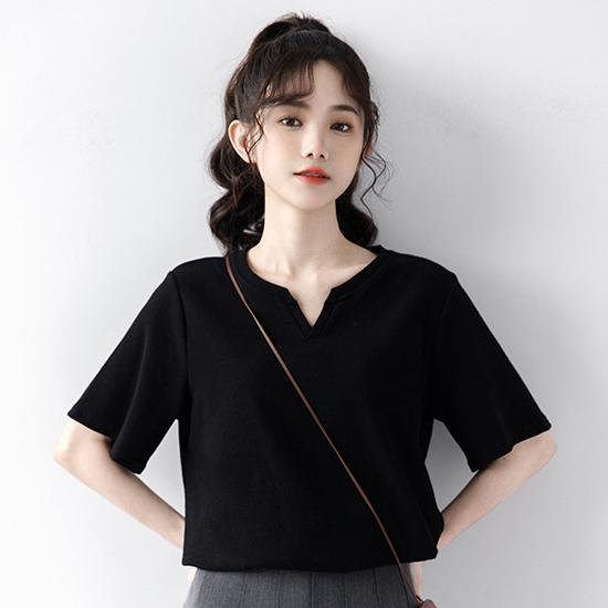 Summer Solid Color Casual Versatile Short Sleeve Women's Loose Style V-Neck T-shirt Commuter Top Fashion Women's Wear