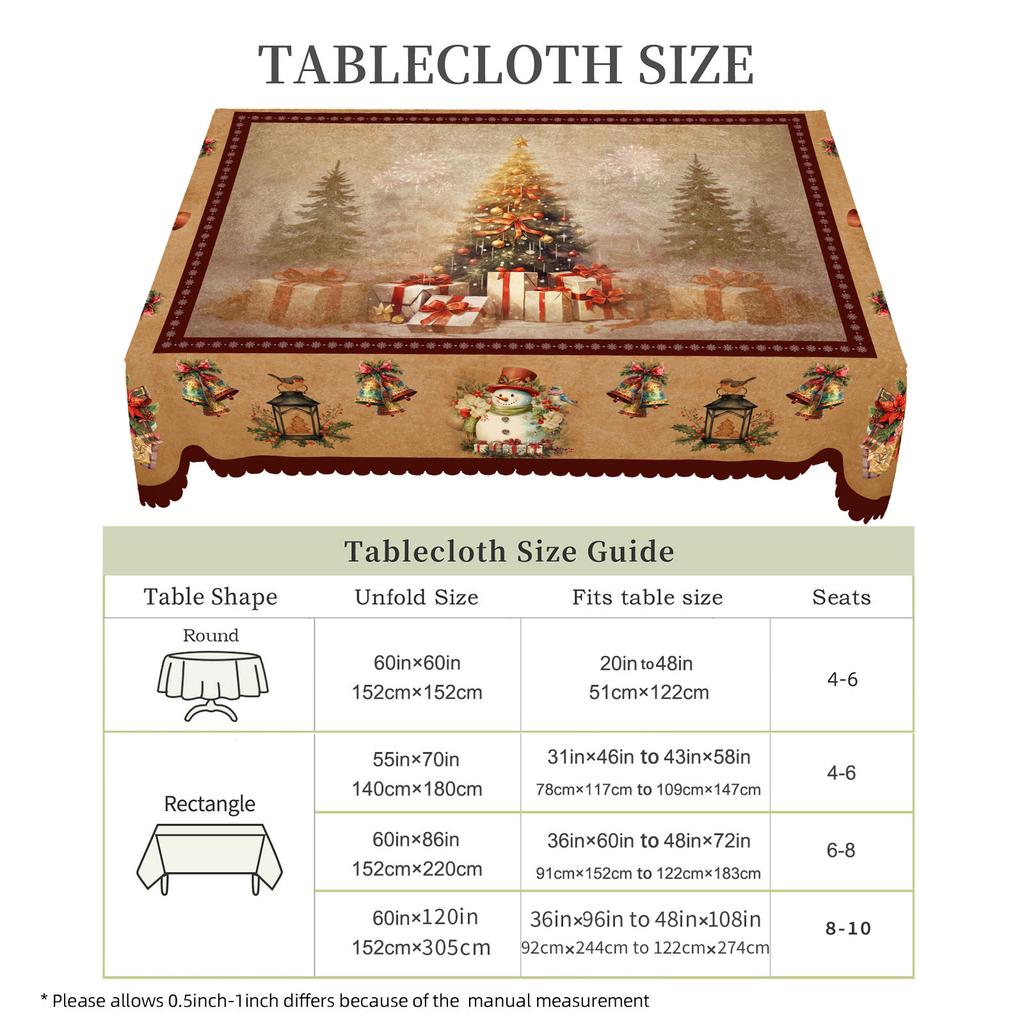 1 Weihnachtliche Runde und Rechteckige Tischdecken, Verschiedene Größen, Antiker Weihnachtsbaum Schneemann Exquisite Glocken Tischdecken für den täglichen Heimküchengebrauch,