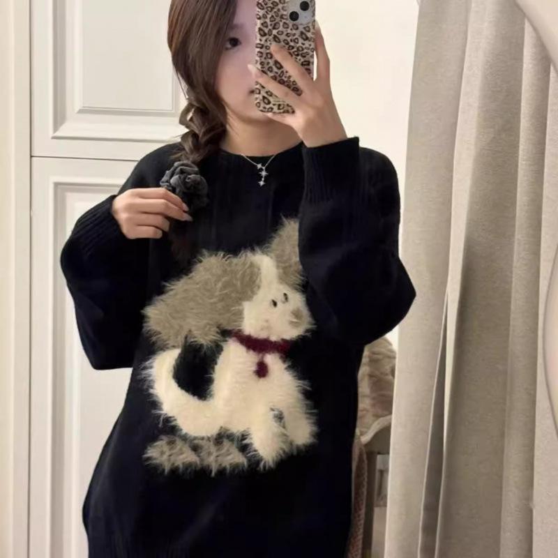 Autumn/Winter Small Dog Jacquard Sweater: Women's Casual Loose-Fit, Age-Reducing, Trendy Round Neck Knitwear.
