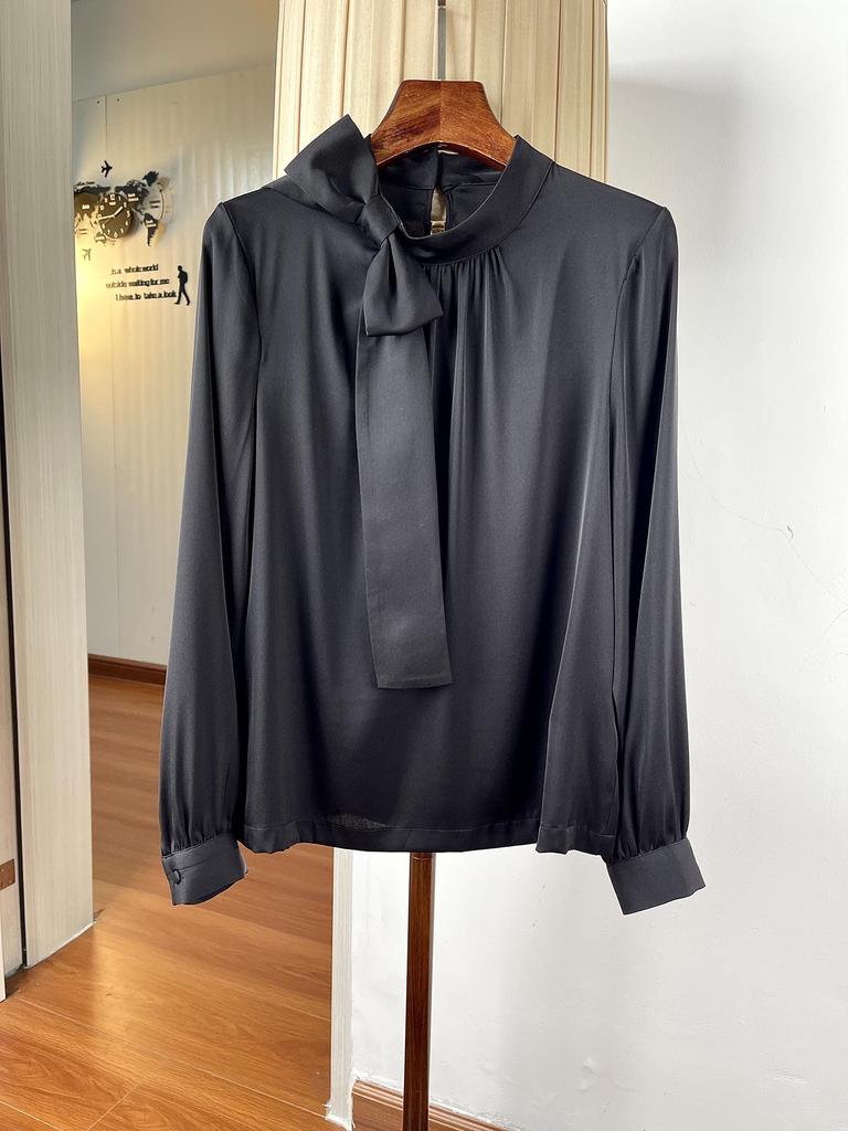 Women's Elegant Stand Collar Silk Bow Blouse, Long Sleeve, Mulberry Silk Ribbon, Commuting Style