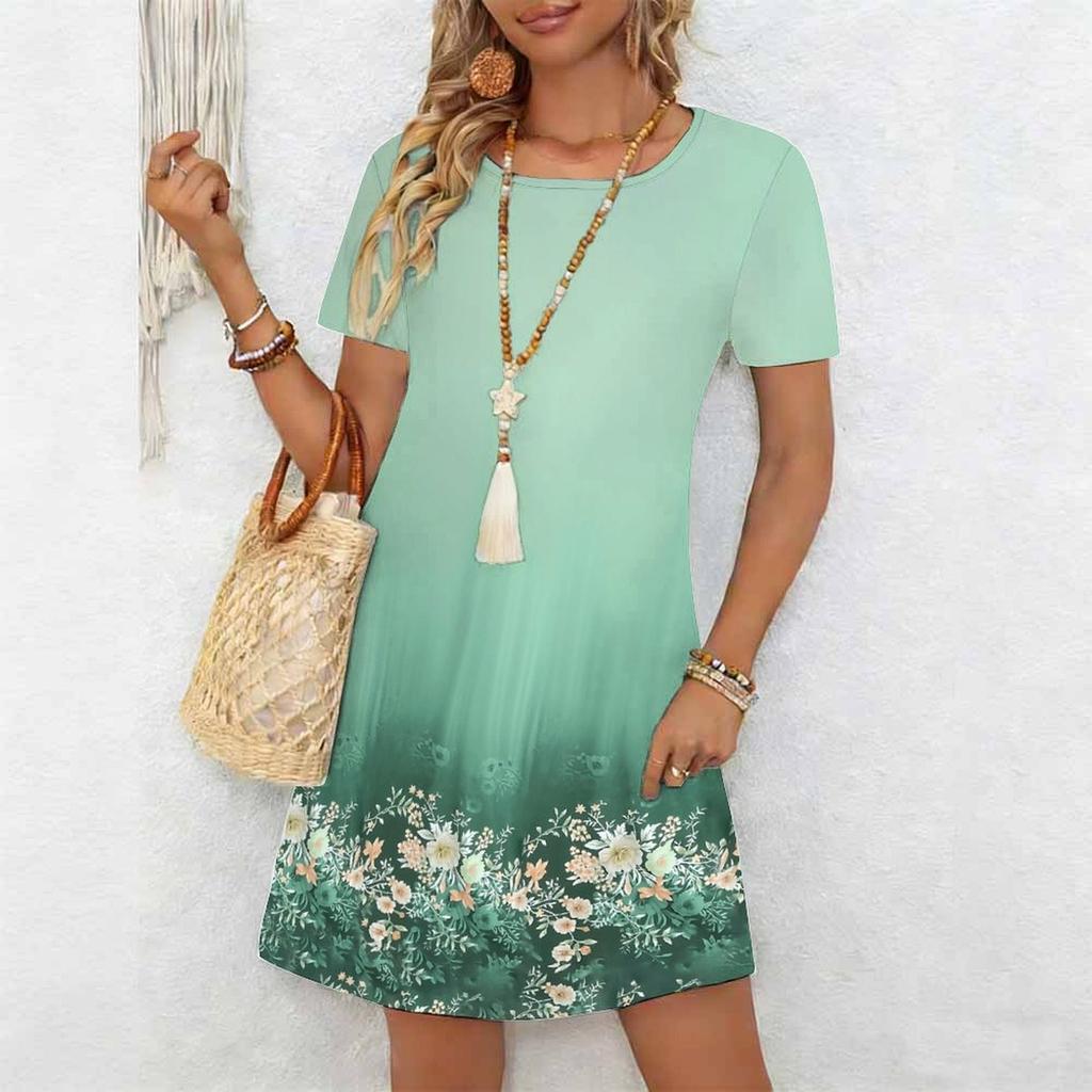 Women's Fashion Graceful Beautiful Flowers and Grass Print Summer Spring Short Sleeve O-Neck Casual Dresses