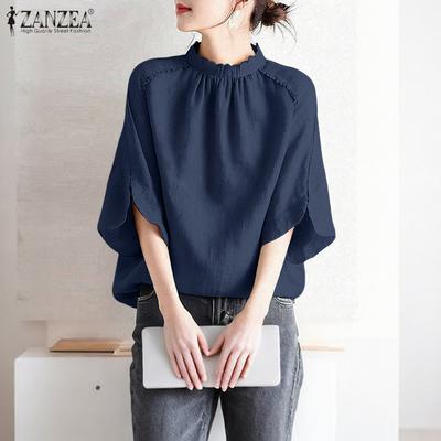 Blouse ample décontractée à col montant et manches 3/4 pour femme