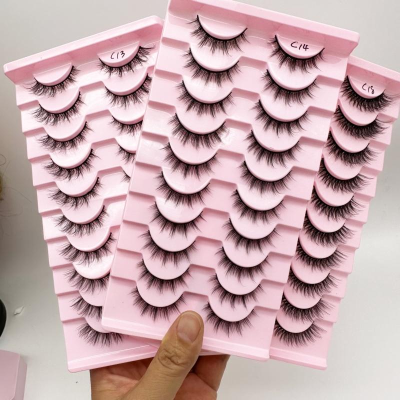 Low Price Glitter Lashes Natural Fluffy Half Lashes Faux Mink Korean Pbt Fiber 10 Pairs 12mm Mink Eyelashes