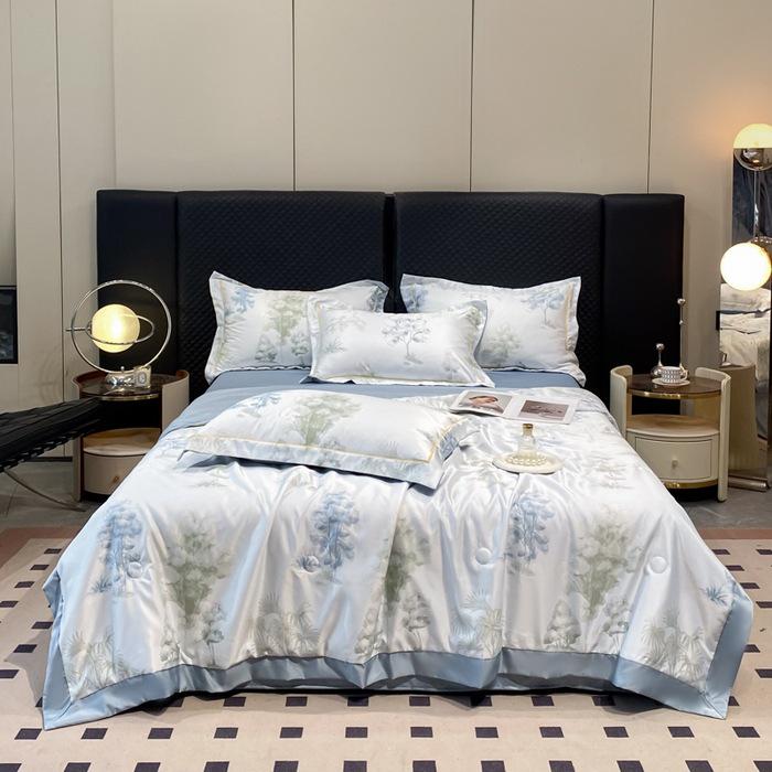 Printed Tencel Summer Quilt 4-Piece Set - Cooling Ice Silk for Naked Sleep, Smooth Gift Quilt