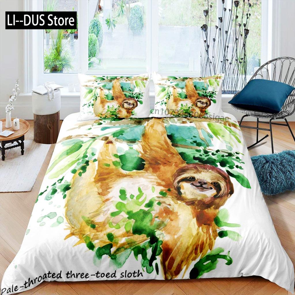 Sloth Duvet Cover Set Cartoon Character Sleeping on Branch Decorative 3 Piece Bedding Set with 2 Pillow Shams Queen Full Size