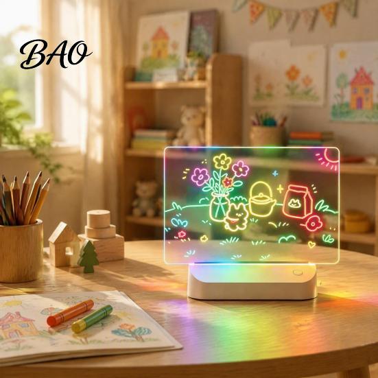 Reusable Acrylic Writing Board LED Drawing for Kids, Rechargeable DIY Light Up Tablet with 7 Color Illuminated Lights Pens, Neon Glow Note Board, Back
