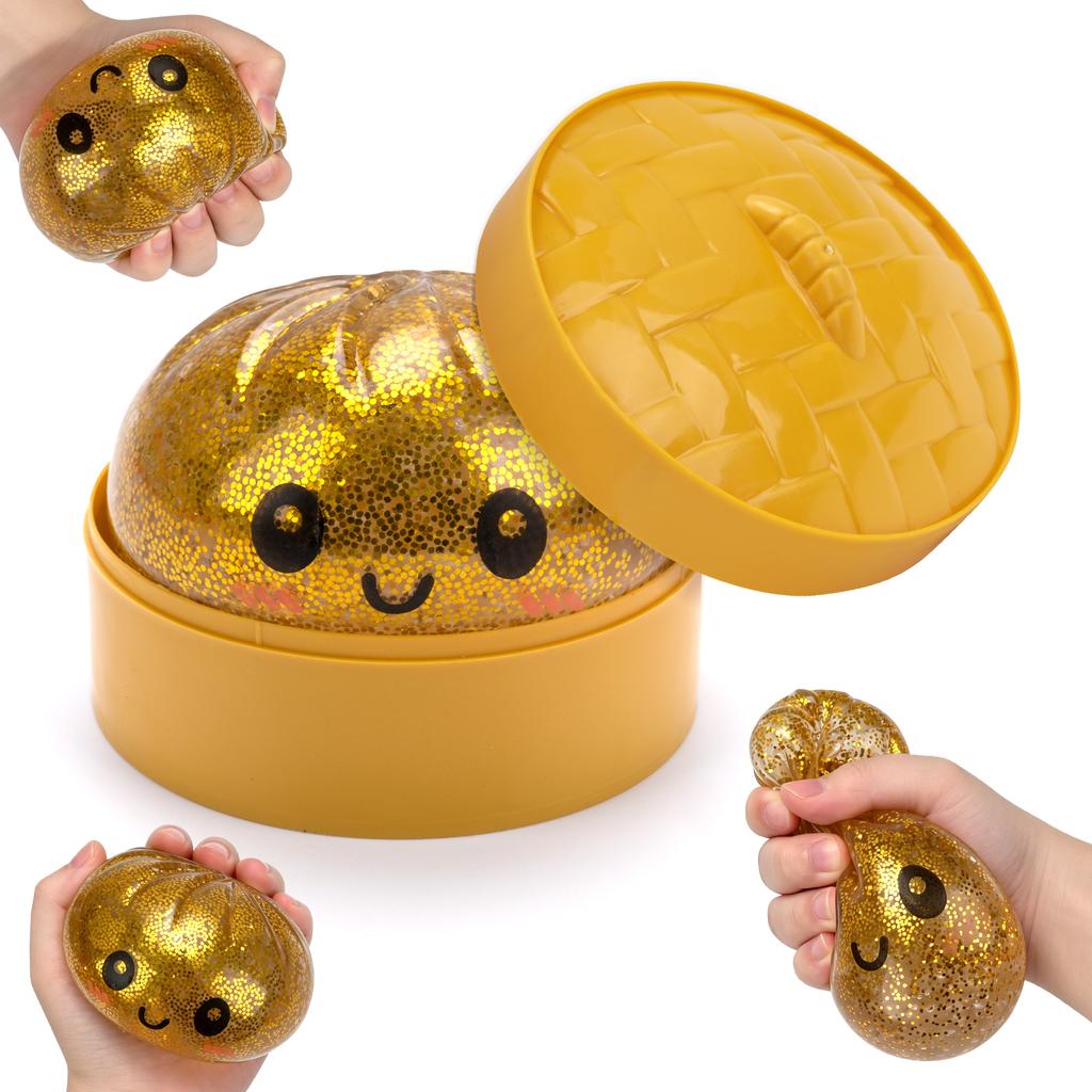 Simulated Steamed Buns Squishy Rebound Soft Squeeze Stress Ball with Bamboo Steamer Box Anti-Stress Toy Sensory Creative Gift
