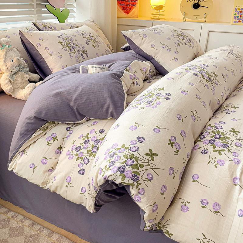 Class A Maternal And Infant Grade Bubble Cotton Bed Four-Piece Set Washed Cotton Bed Sheet Quilt Cover Bed Hat Student Dormitory 3Pcs Set