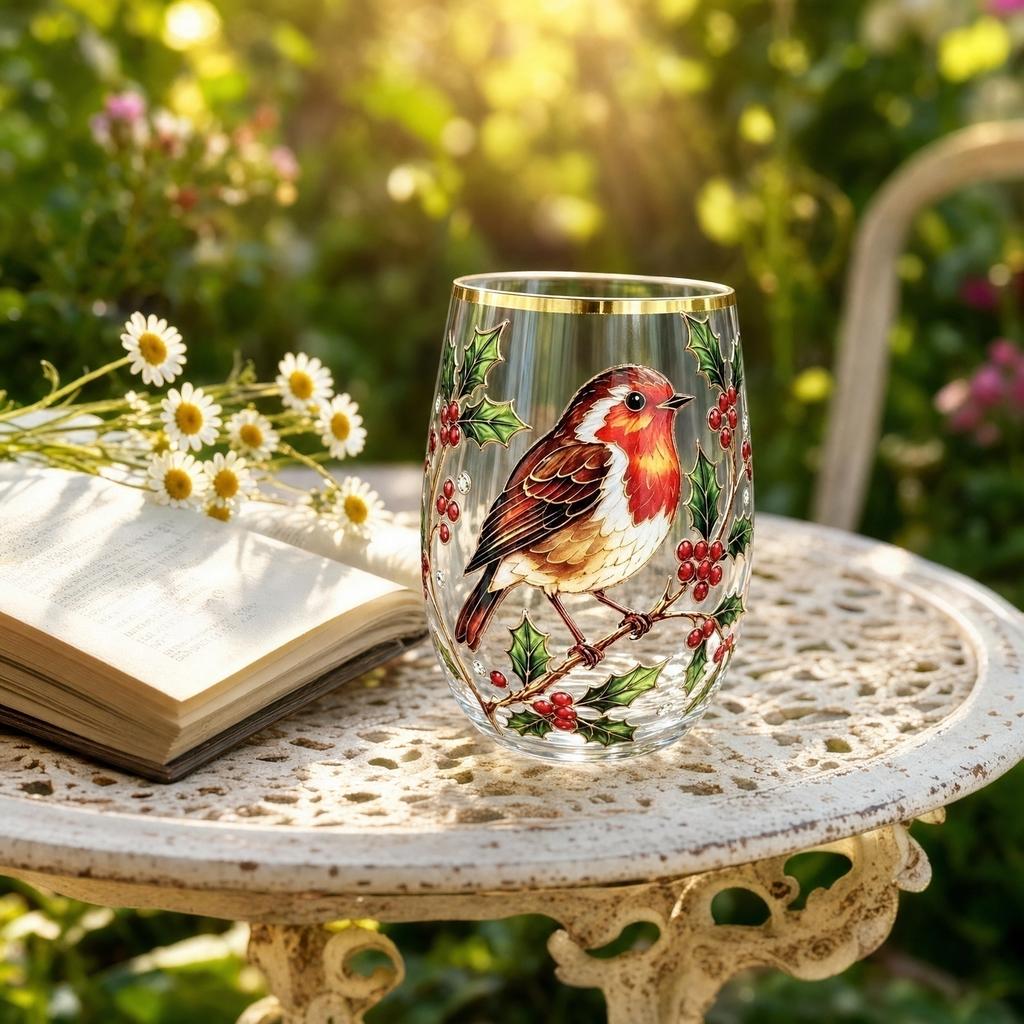 Glass Tea Cup with Bird and Garden Pattern Gold Rim European Style Thickened Material for Home and Office Use