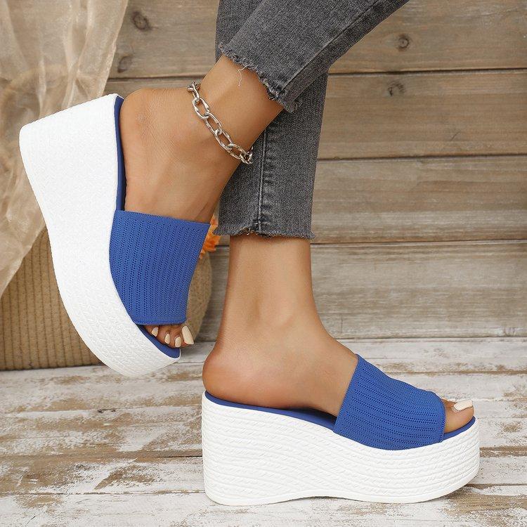 2025 summer new large size solid color wedge heel one-word slippers women wear thick-soled knitted mesh wedge heel cool slippers