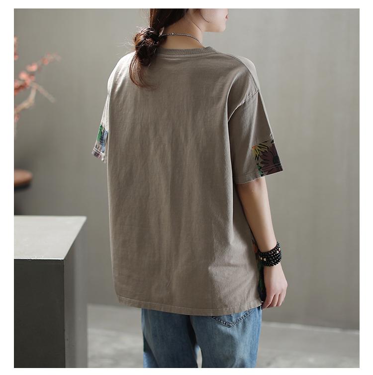 Dimanaf Summer Women T-Shirt Cotton Tshirt Fashion Floral Print Patchwork Tops Tees Home Wear Shirt Loose Casual