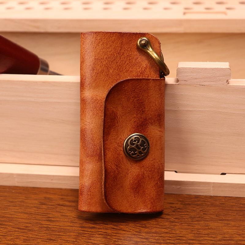 Top Layer Cowhide Vegetable Tanned Leather Key Bag for Men, Retro, Simple, Vintage, Pleated, Hand-held, Mini Keychain for Women