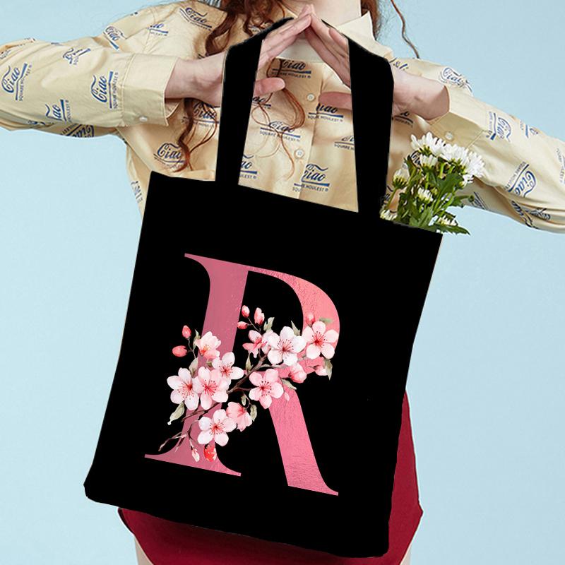 Pink Sakura Handbags Women Eco Reusable Tote Bag Cherry Blossom College Canvas Bag Vintage Sakura Alphabet Ladies Shoulder Bag