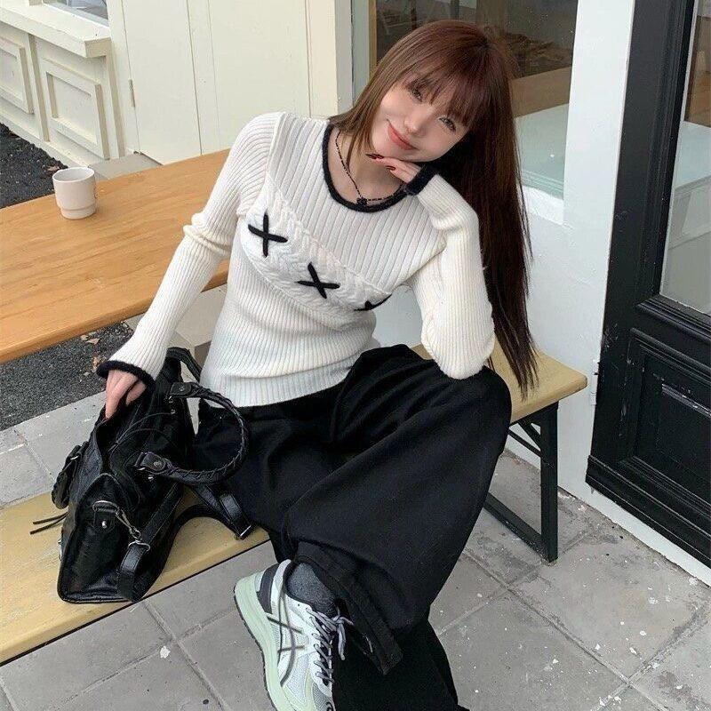 Koreanischen Stil Elegante Pullover Süße Vintage Langarm Strick Pullover Herbst Winter Patchwork Pullover Ästhetik