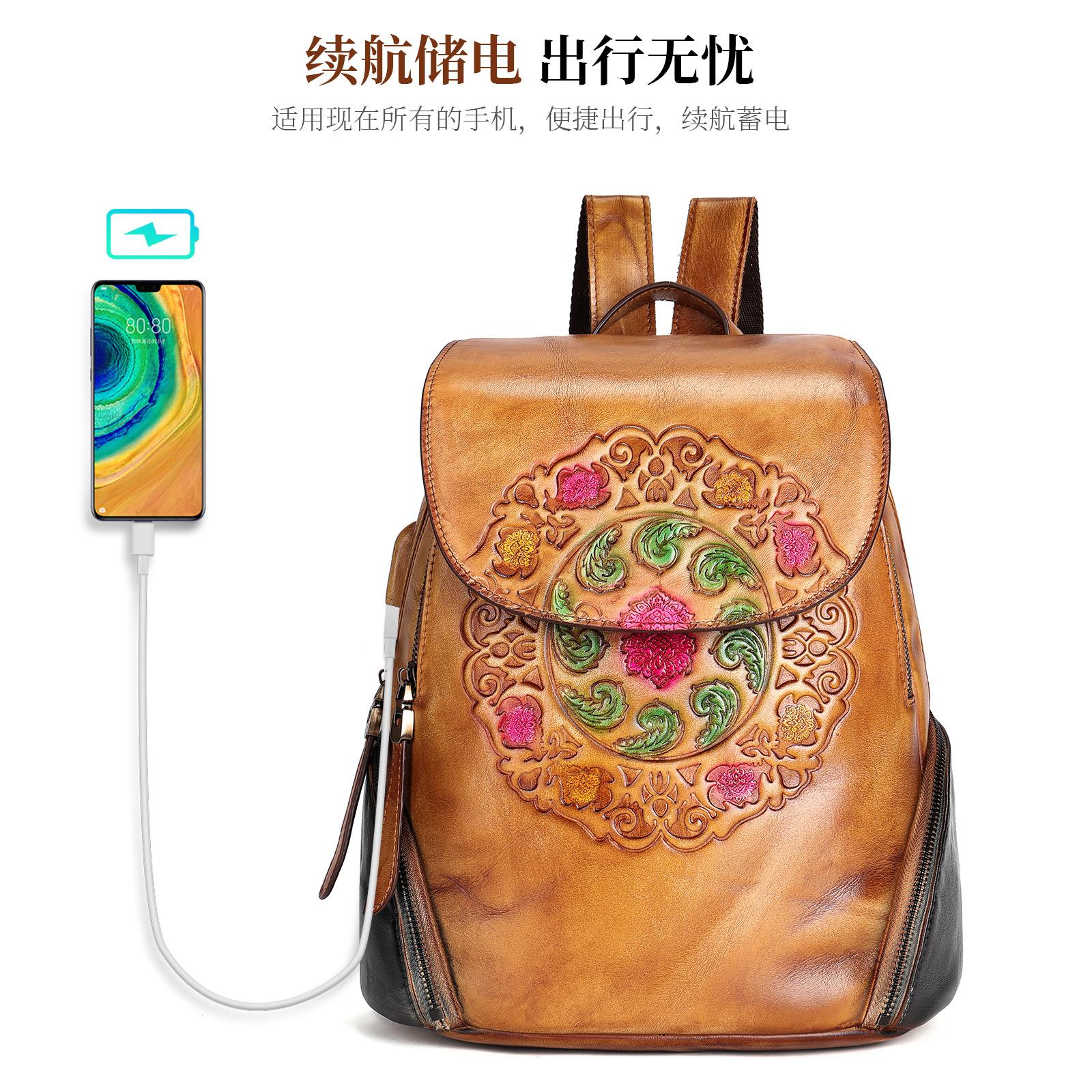 Новая женская сумка, Рюкзак из натуральной кожи, Ретро в этническом стиле, Ручная работа, Полированная кожа верхнего слоя, Рюкзак коричневый