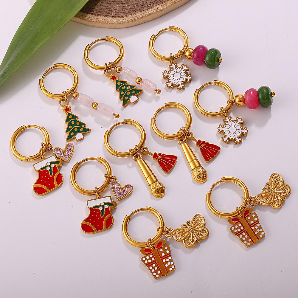 Creative Cartoon Christmas Tree Pendant Earrings, 18K Gold-Plated Stainless Steel