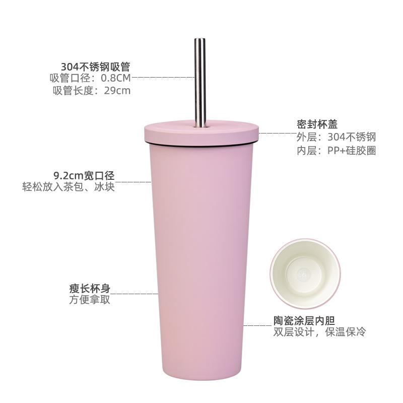 2025 Ceramic Liner Milk Tea Cup Large Capacity 830Ml Thermos Cup Stainless Steel Straw Cup