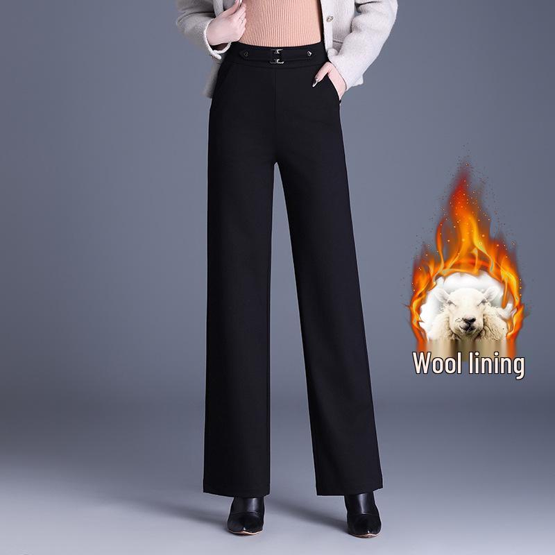 

Black Wool-Lined High-Waist Straight Leg Pants, 2025 Winter Slim Fit, Warm Cotton, Narrow Fit Quadruple Extra Large чёрный