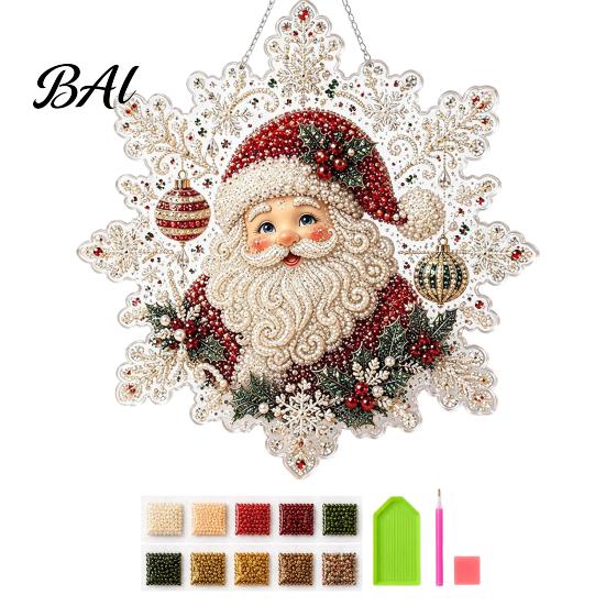 Weihnachts-Bastelsets für Erwachsene Perlenmalerei-Sonnfänger-Kunstset, Acryl-Schneeflockenform-Platte, Handgefertigte Baumdekoration mit Spitzenrand, 3D