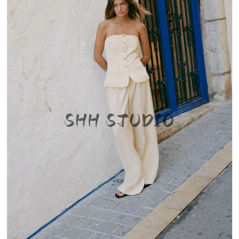 Button Vest Style off-the-Shoulder Tube Top Tops 5063731 High Waist Wide Leg Drape Pleated Pants 1255521