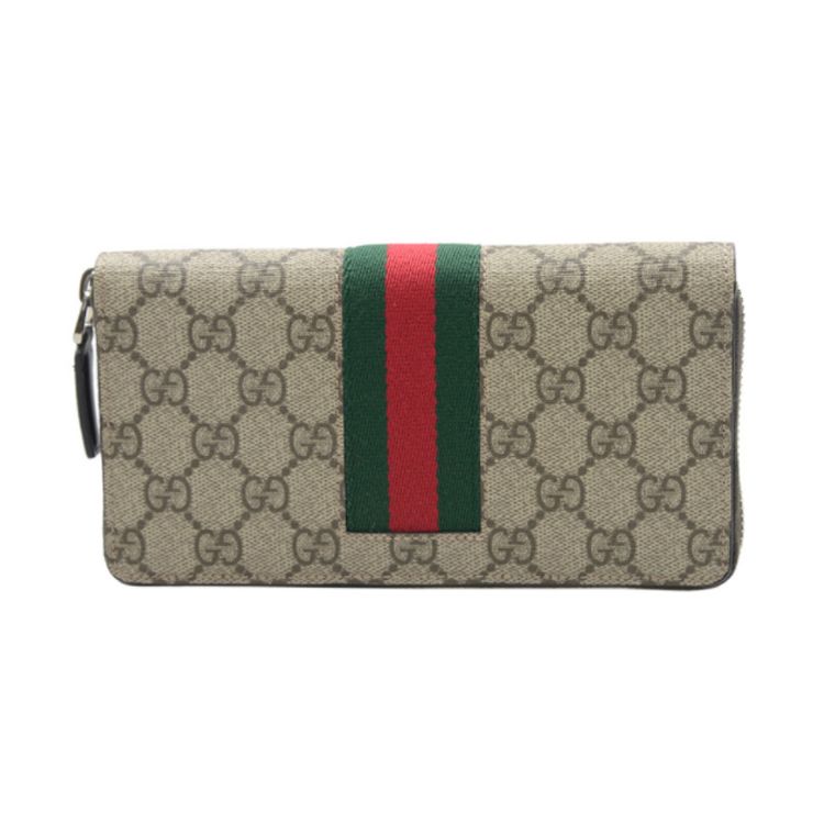 Gucci Vintage Logo Stripe Web Long Zipper Canvas And Leather Wallet Men Wallet Light-Brown 408831-KHN4N-9791