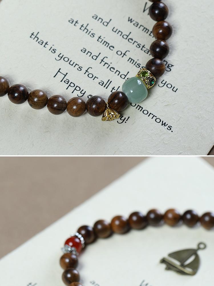 Women's Black Pearwood 8mm Double-Strand Bracelet with Aventurine Lotus Seed Pod Pendant - Retro Buddhist Beads Jewelry for Couples.