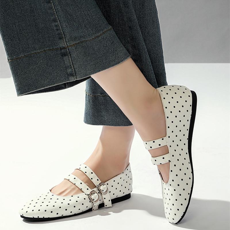 Polka Dot Strap Buckle Women Ballet Flats Comfortable Soft Soles Mary Janes Walking Loafers Street Style Dance Shoes