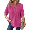 Womens Summer Waffle Knit Short Sleeve Hooded V Neck Button Drawstring Loose Shirt