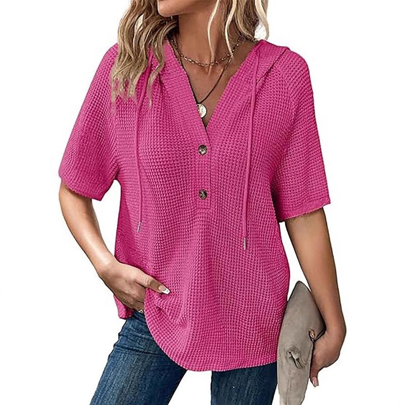 Womens Summer Waffle Knit Short Sleeve Hooded V Neck Button Drawstring Loose Shirt