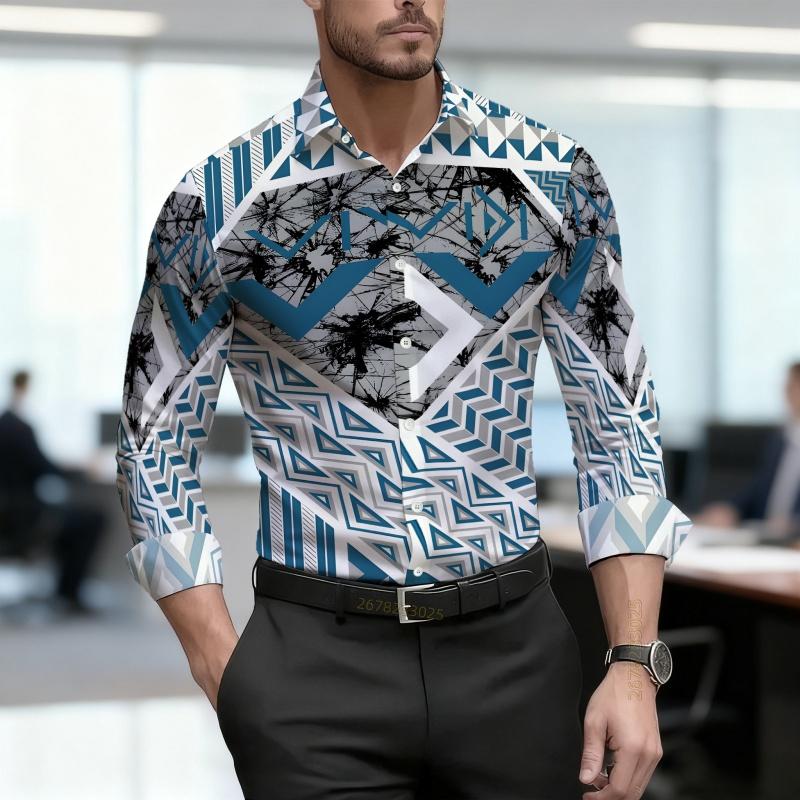 Men's Shirt with Geometric Block Print, Slim Fit, Business Commuting Long Sleeved Shirt, Spring and Autumn Trendy Casual Top