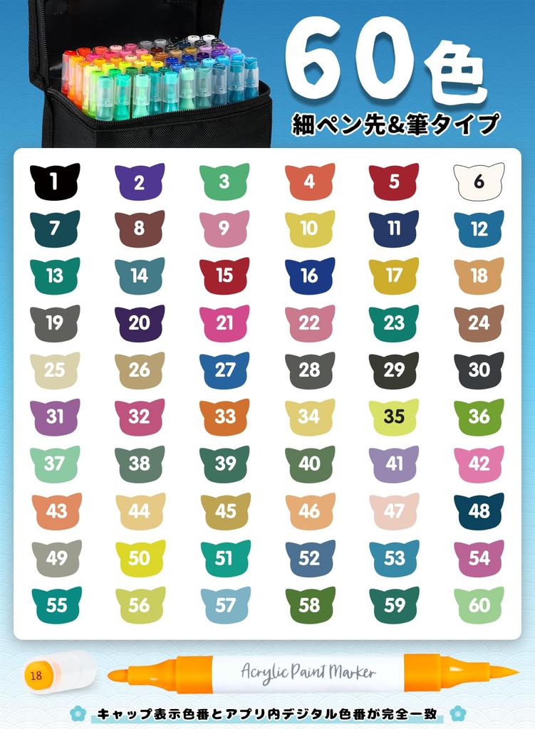 Acrylic Marker Pens with Free for Writing On and Perfect for Handmade Art and Gifts 60-Color Set, Water-Based App, Non-Toxic, Waterproof,