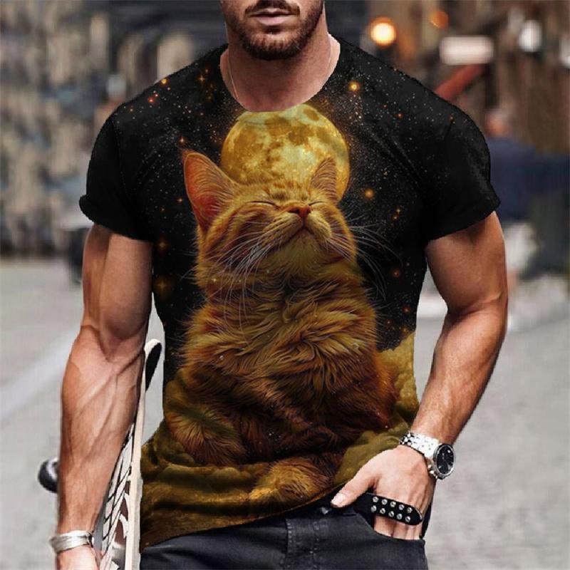 Sternenhimmel Katze Universum Muster Herren T-Shirts Lustiges Tier 3D Druck T-Shirts Sommer Harajuku Kurzarm O-Ausschnitt Oberteile