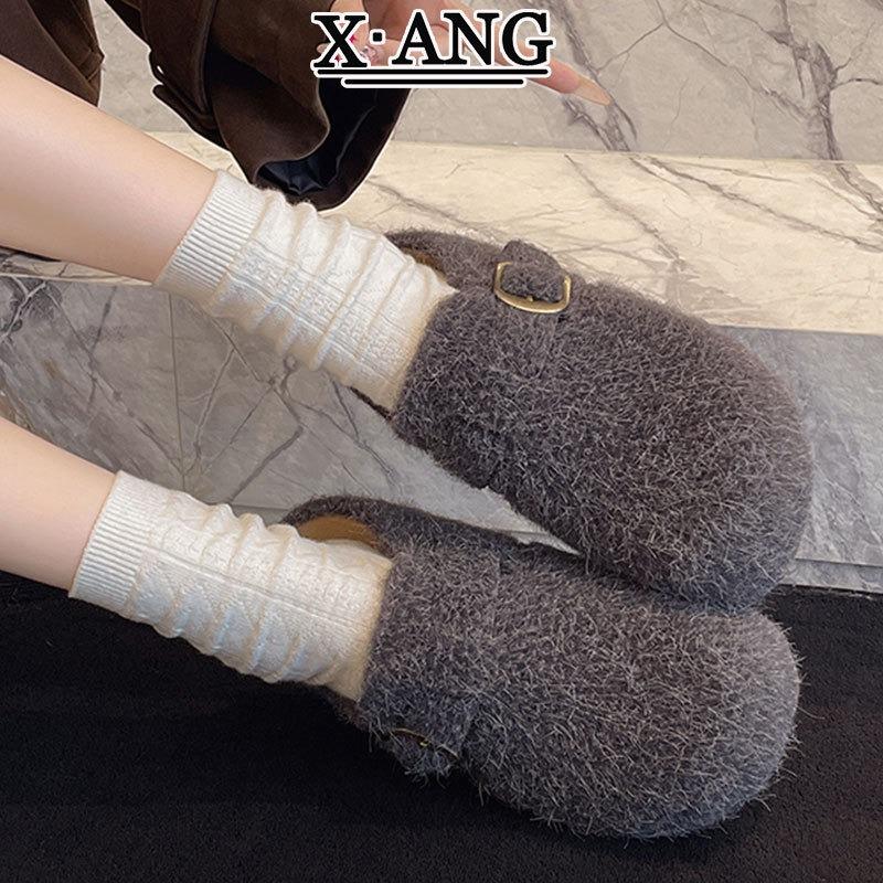 Leather thick-soled outer wear bag head half slippers autumn and winter new one-pedal lazy shoes fluffy shoes