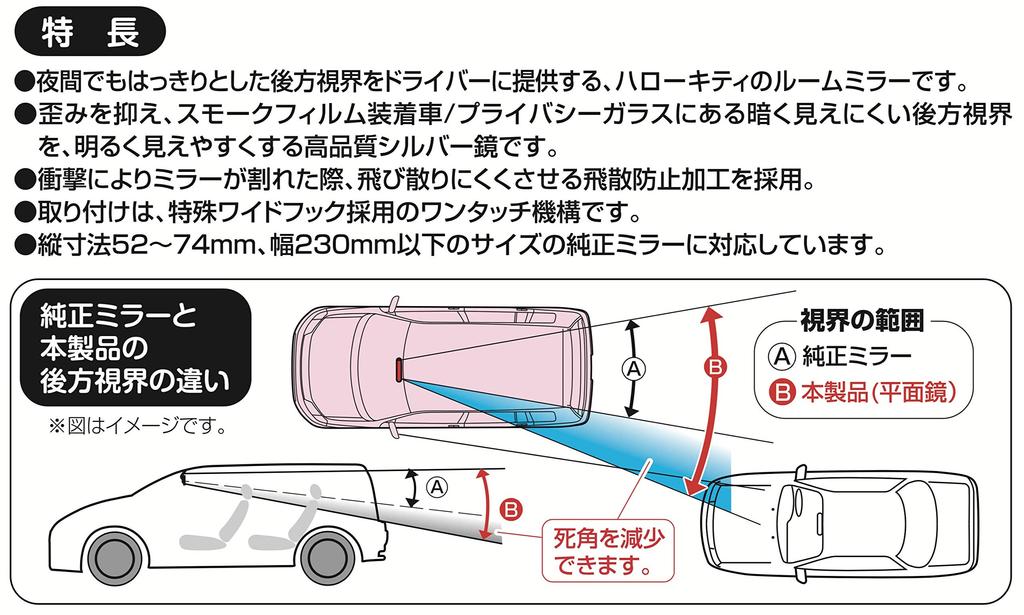 Seiwa Hello Kitty B&G Car Interior Mirror, Silver, 260mm, KT501