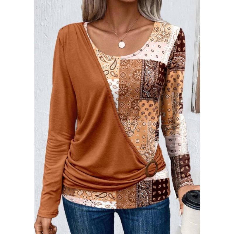 Frühlings- und Herbst-Damenbluse, bedruckt, einfarbig, Spleißen, lässiges Langarm-T-Shirt