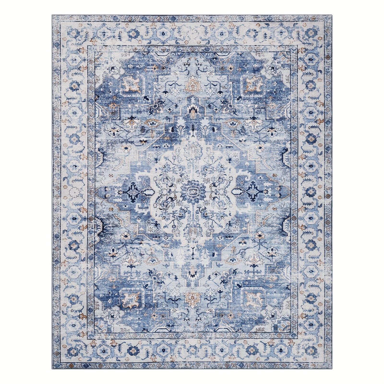 

1pc Washable Rug | Vintage Blue Faux Cashmere Rug - Soft, Machine Washable, Non-Slip, Perfect For Living Room, Bedroom, 60x90cm