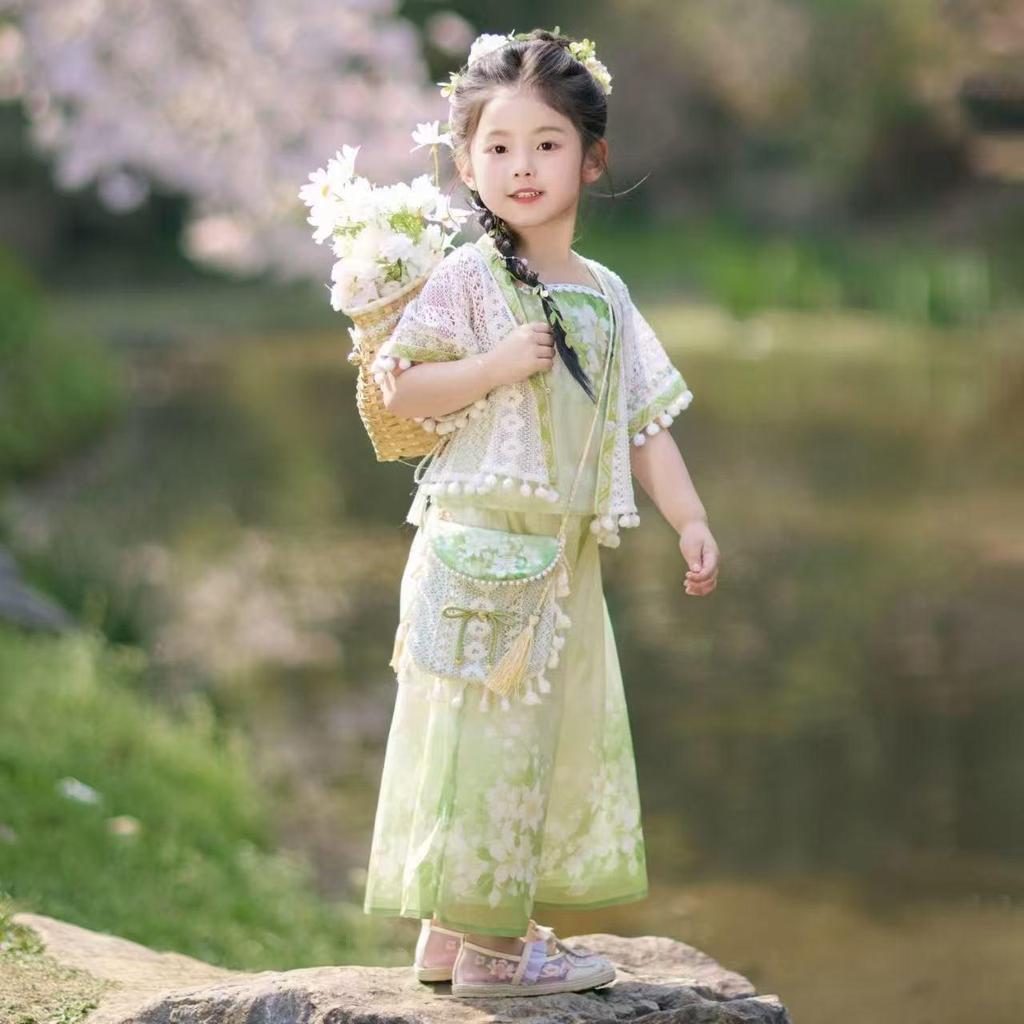 Children's Hanfu Summer 2026: New Ancient-Style Tang Suit Three-Piece Set with Trousers for Girls