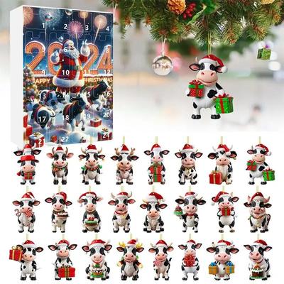 Vánoční adventní kalendář 2024 Kráva s čepicemi Santa Clause, 24 dní Vánoc adventní kalendář, 2D skotská kráva vánoční stromek dekorace